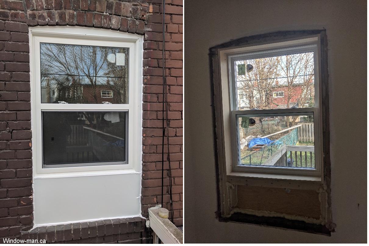 Single hung window inside and outside. The window is rased to the level of countertop. Low e coating, Argon gas. White aluminum capping flashing outside